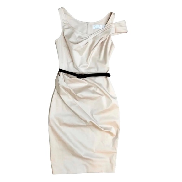 Byron Lars Ruched Off Shoulder Champagne Beige Belted Pencil Dress SZ 8